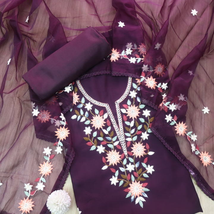 Riwayaat Eggplant Purple Thread Embroidered Neck Work Modal Suit Set