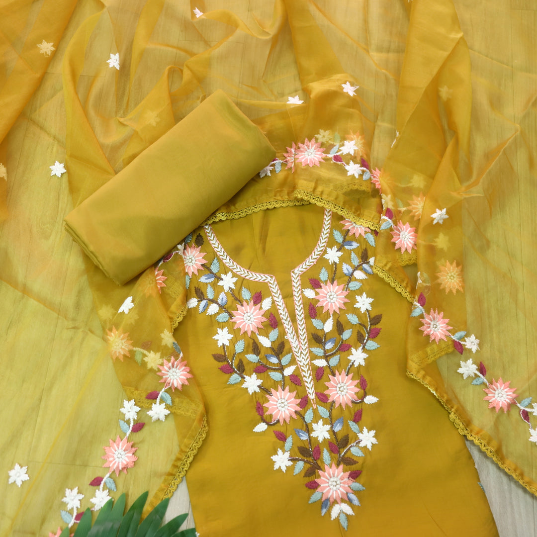Riwayaat Dandelion Yellow Thread Embroidered Neck Work Modal Suit Set