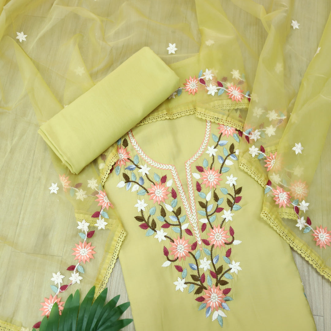 Riwayaat Buttermilk Yellow Thread Embroidered Neck Work Modal Suit Set