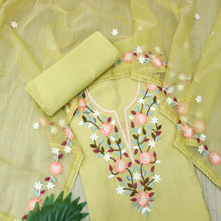 Riwayaat Buttermilk Yellow Thread Embroidered Neck Work Modal Suit Set