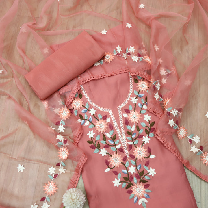 Riwayaat Blush Coral Thread Embroidered Neck Work Modal Suit Set