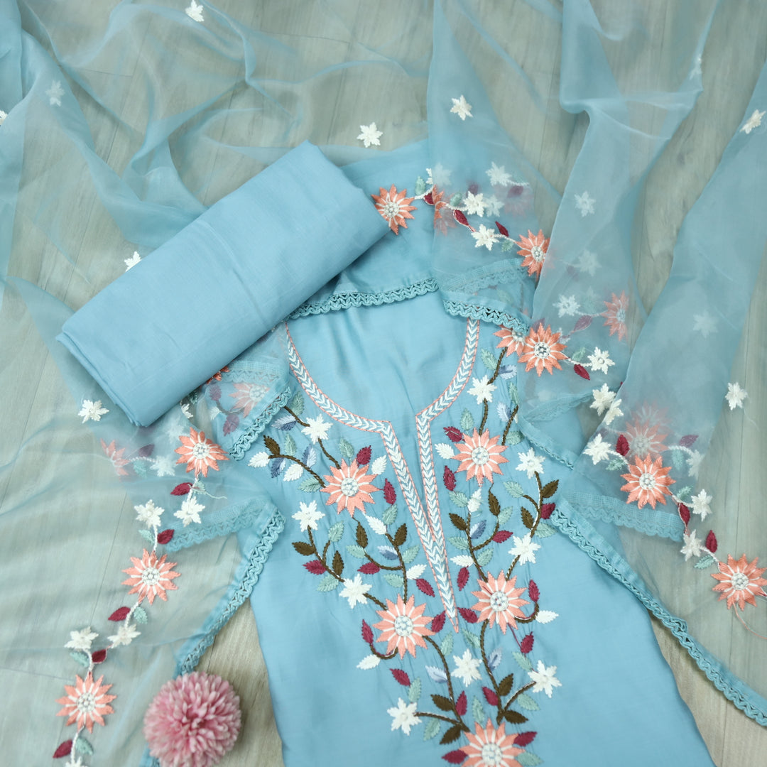 Riwayaat Sky Blue Thread Embroidered Neck Work Modal Suit Set