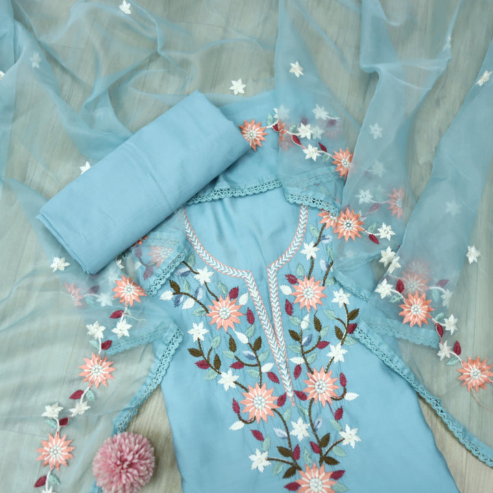 Riwayaat Sky Blue Thread Embroidered Neck Work Modal Suit Set