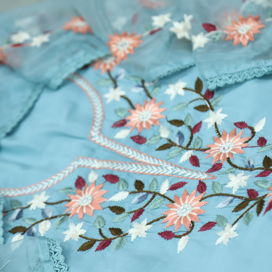 Riwayaat Sky Blue Thread Embroidered Neck Work Modal Suit Set