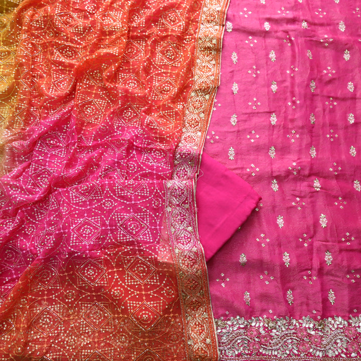 Darmiyan Hot Pink Embellished Hem Work in Shimmer Tissue Silk Suit Set