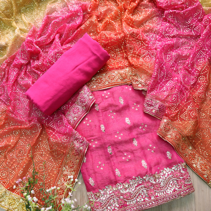 Darmiyan Hot Pink Embellished Hem Work in Shimmer Tissue Silk Suit Set