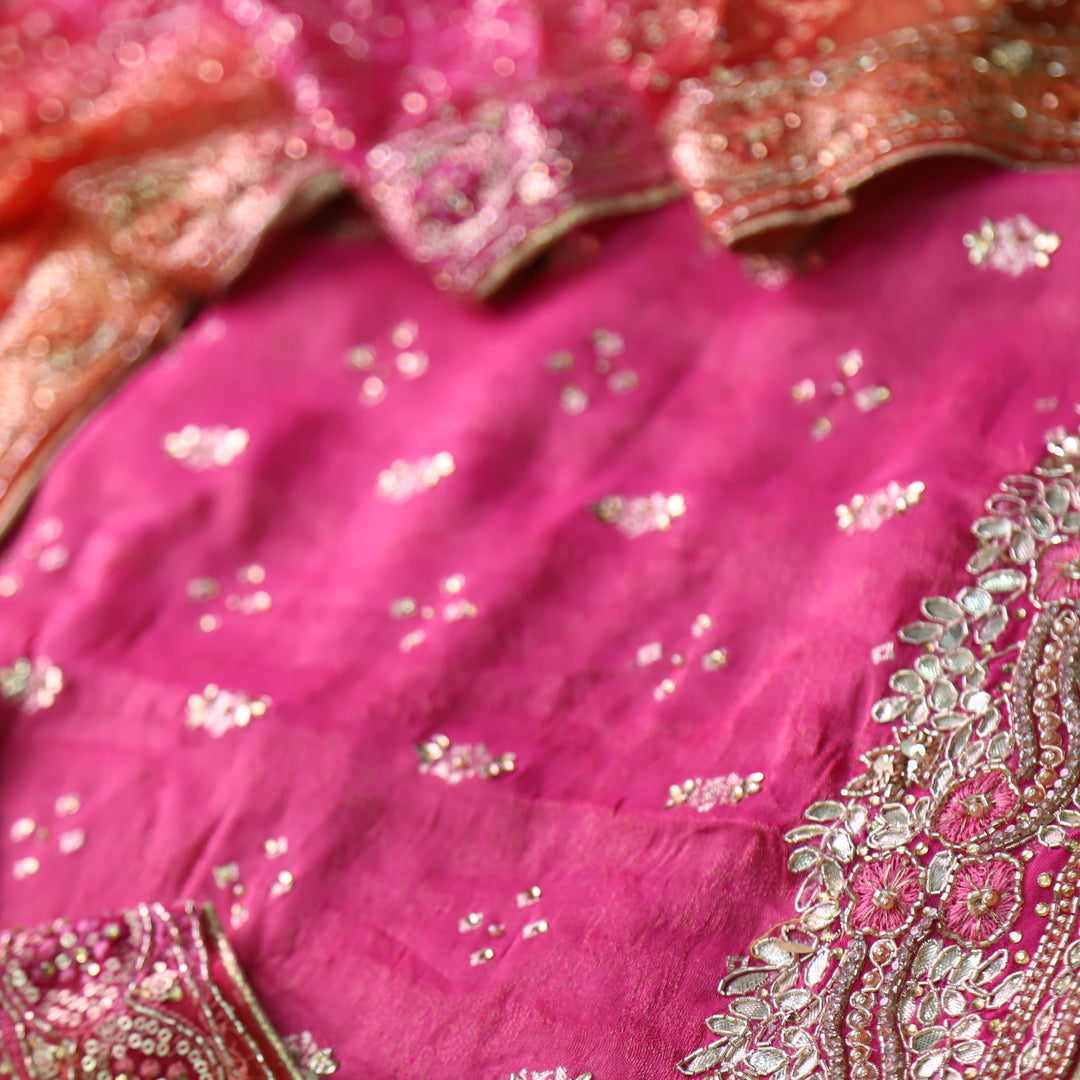 Darmiyan Hot Pink Embellished Hem Work in Shimmer Tissue Silk Suit Set