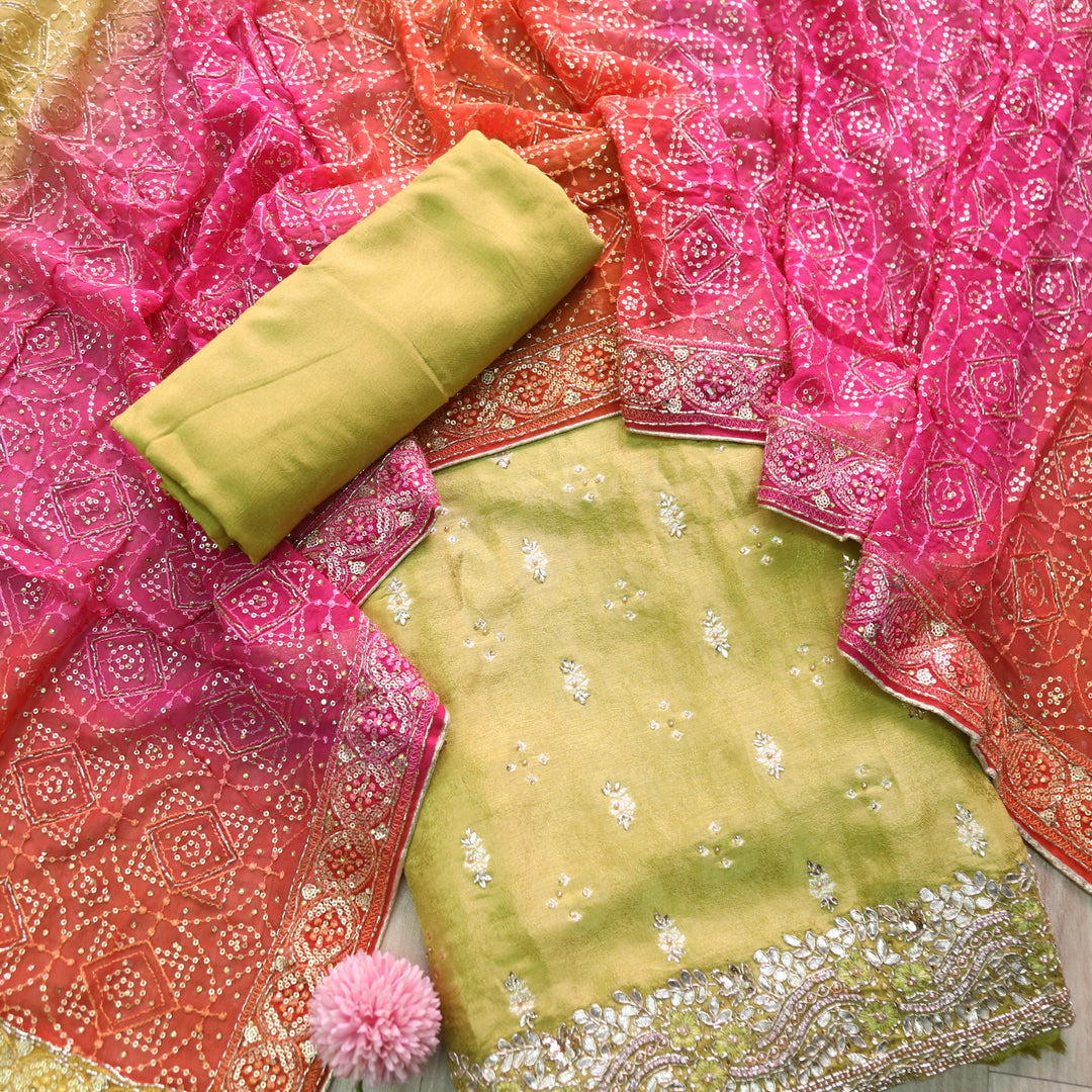 Darmiyan Mint Yellow Embellished Hem Work in Shimmer Tissue Silk Suit Set