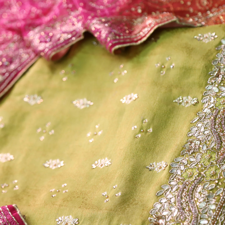Darmiyan Mint Yellow Embellished Hem Work in Shimmer Tissue Silk Suit Set