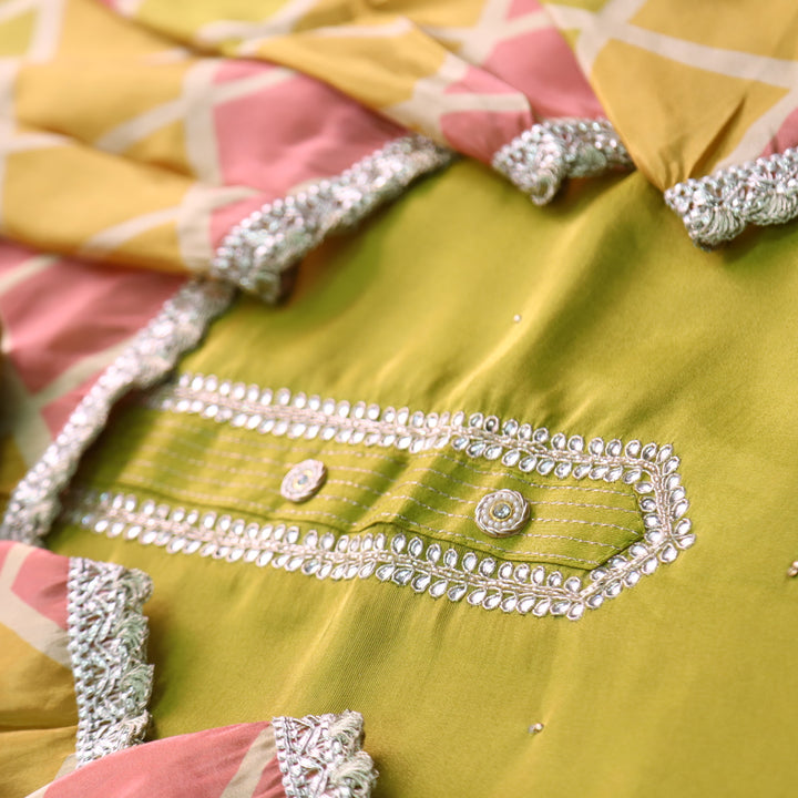 Falak Leaf Green Embellished Neck Work in Shimmer Tissue Silk Suit Set