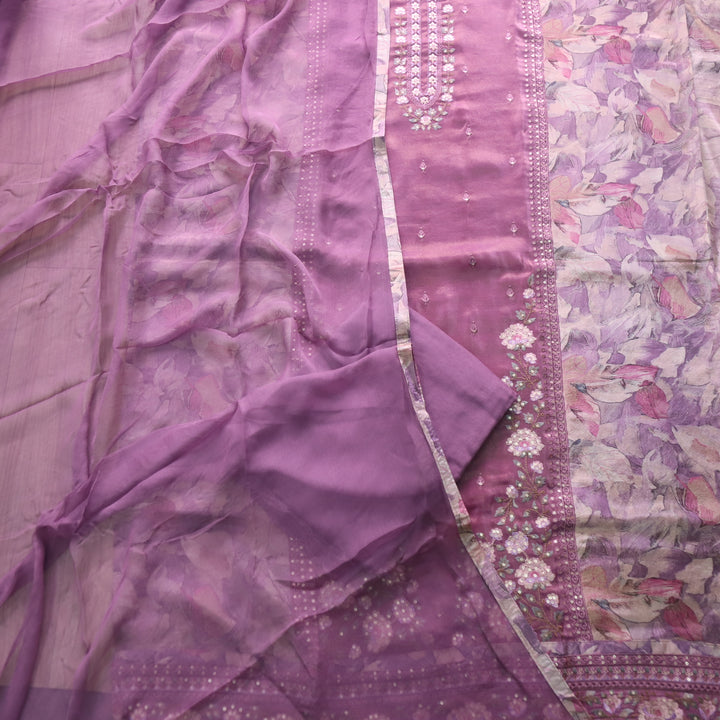 Falak Mulberry Mauve Thread Neck Work in Shimmer Tissue Silk Suit Set