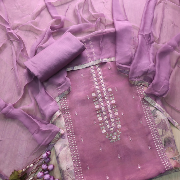 Falak Mulberry Mauve Thread Neck Work in Shimmer Tissue Silk Suit Set