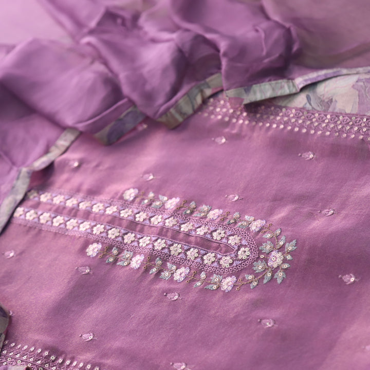 Falak Mulberry Mauve Thread Neck Work in Shimmer Tissue Silk Suit Set