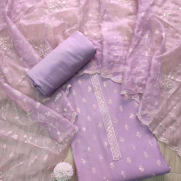 Ada Soft Lavender with All Over Sequence Cut Work Hem Modal Suit Set