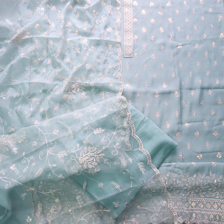 Ada Baby Azure Blue with All Over Sequence Cut Work Hem Modal Suit Set