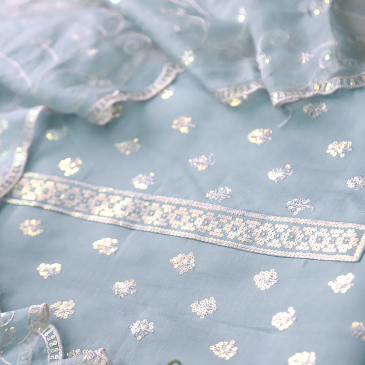 Ada Baby Azure Blue with All Over Sequence Cut Work Hem Modal Suit Set