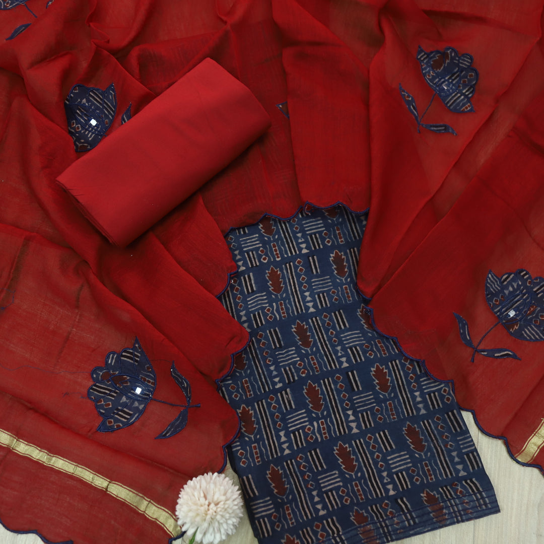 Mohataaz Navy Blue Ajrak Printed Maheshwari Top With Dupatta Set D1