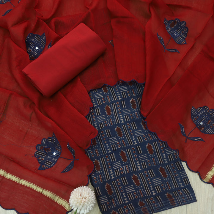 Mohataaz Navy Blue Ajrak Printed Maheshwari Top With Dupatta Set D1