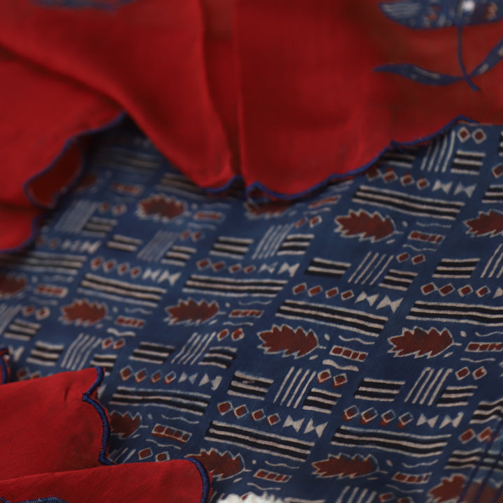 Mohataaz Navy Blue Ajrak Printed Maheshwari Top With Dupatta Set D1