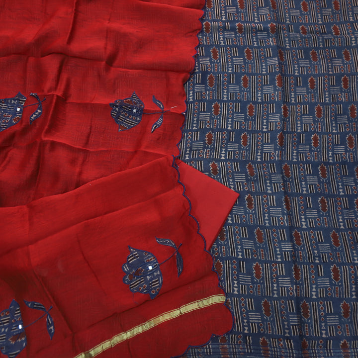 Mohataaz Navy Blue Ajrak Printed Maheshwari Top With Dupatta Set D1