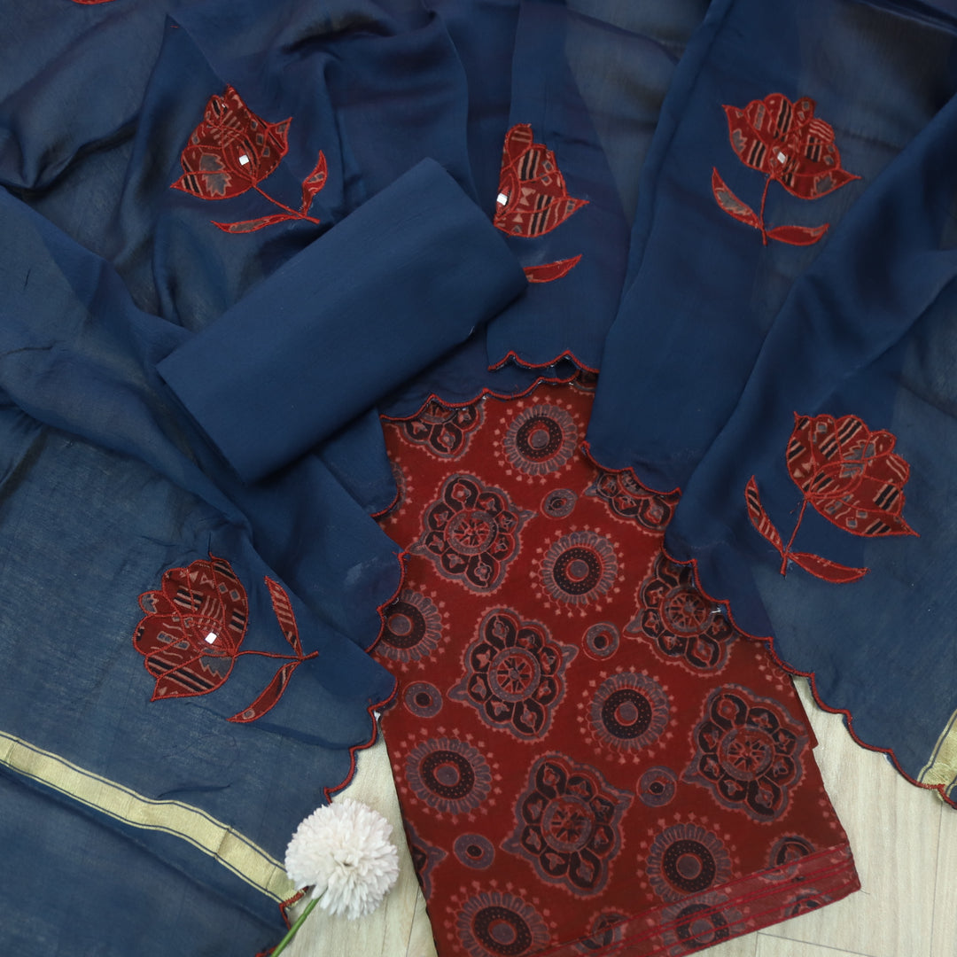 Mohataaz Marron Red Ajrak Printed Maheshwari Top With Dupatta Set D1