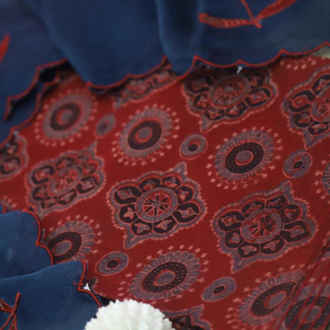 Mohataaz Marron Red Ajrak Printed Maheshwari Top With Dupatta Set D1