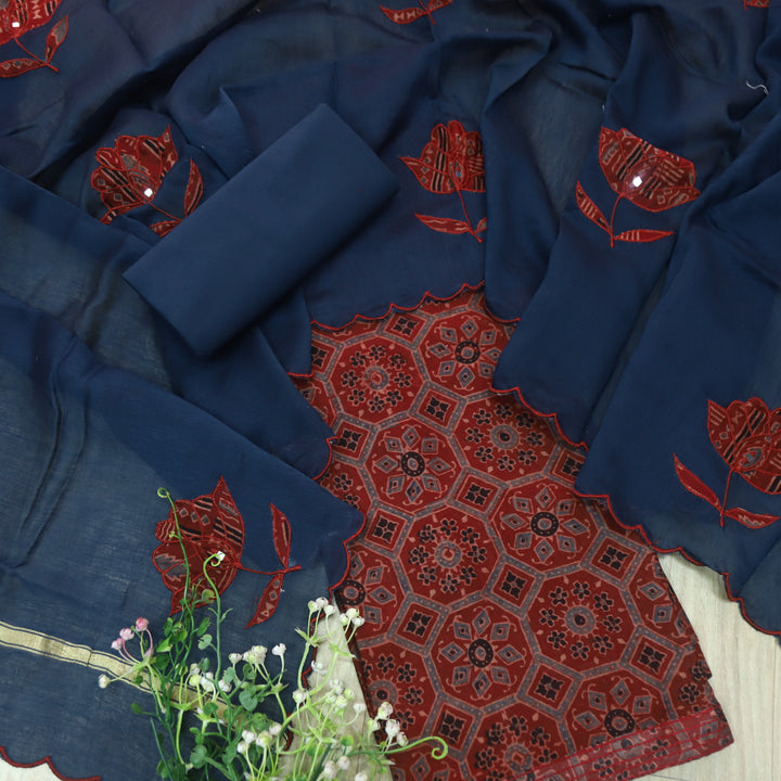 Mohataaz Marron Red Ajrak Printed Maheshwari Top With Dupatta Set D2