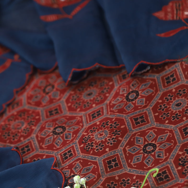 Mohataaz Marron Red Ajrak Printed Maheshwari Top With Dupatta Set D2