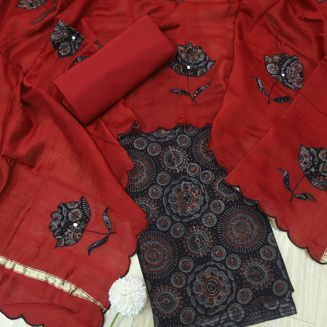 Mohataaz Raven Black Ajrak Printed Maheshwari Top With Dupatta Set D1