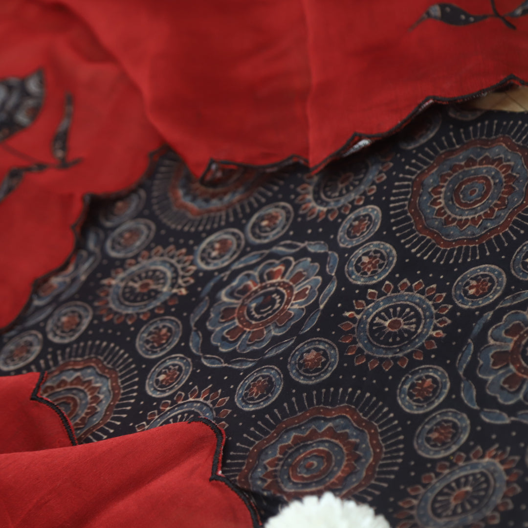 Mohataaz Raven Black Ajrak Printed Maheshwari Top With Dupatta Set D1