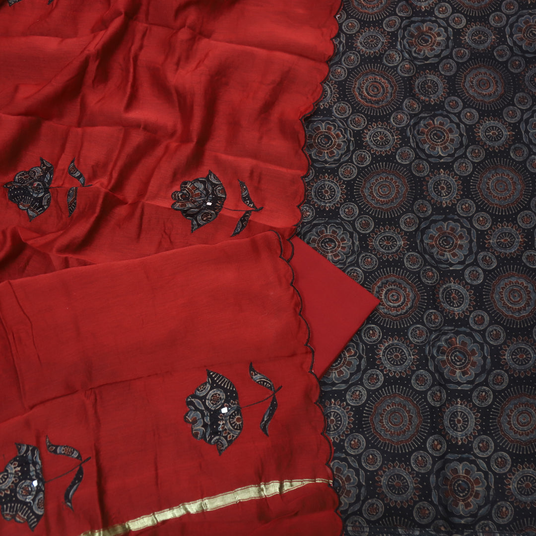 Mohataaz Raven Black Ajrak Printed Maheshwari Top With Dupatta Set D1