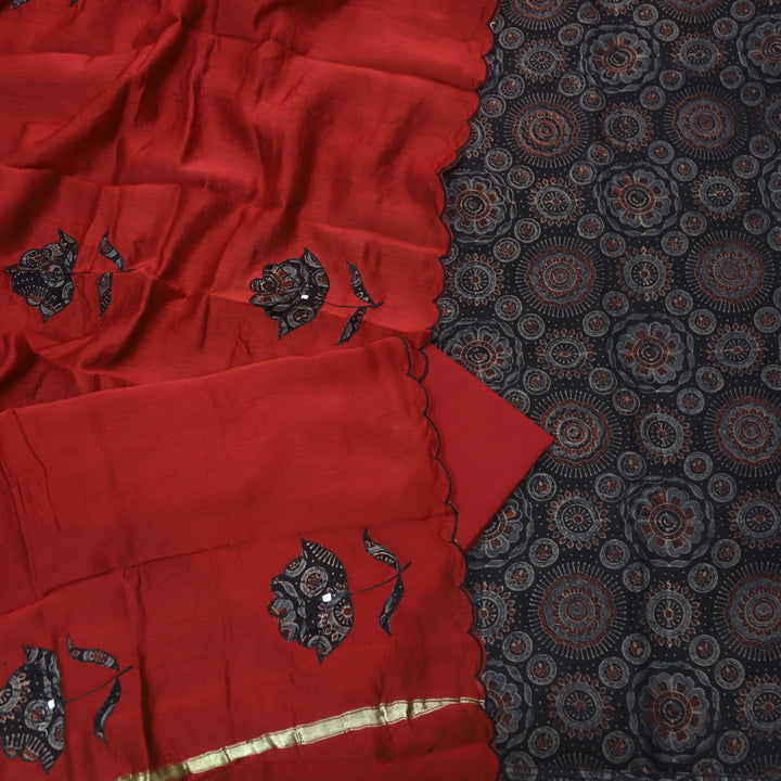 Mohataaz Raven Black Ajrak Printed Maheshwari Top With Dupatta Set D1