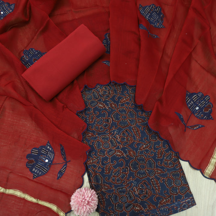 Mohataaz Navy Blue Ajrak Printed Maheshwari Top With Dupatta Set D2