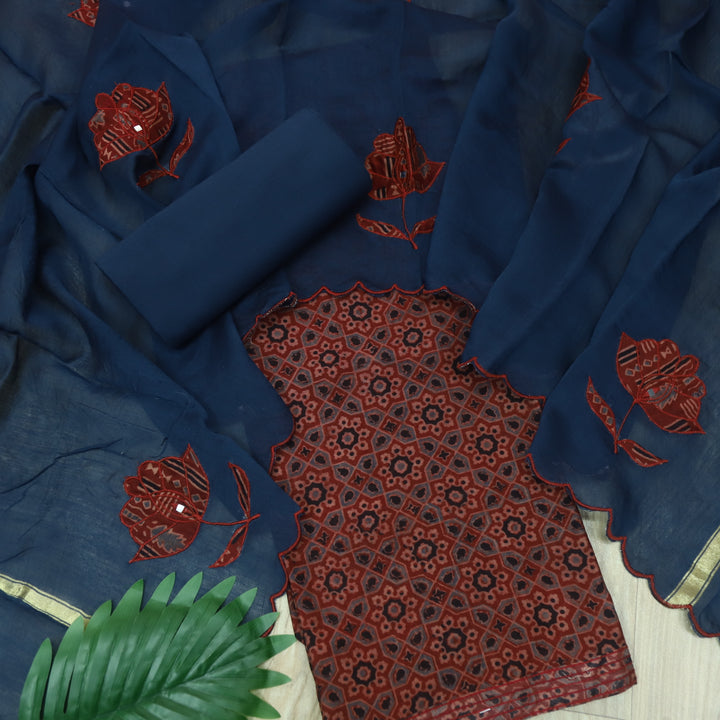 Mohataaz Marron Red Ajrak Printed Maheshwari Top With Dupatta Set D3