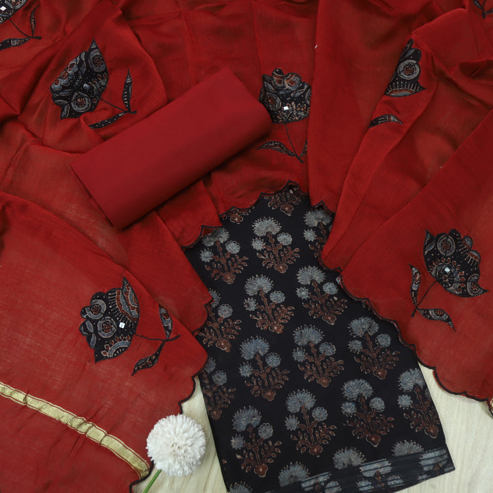 Mohataaz Raven Black Ajrak Printed Maheshwari Top With Dupatta Set D2