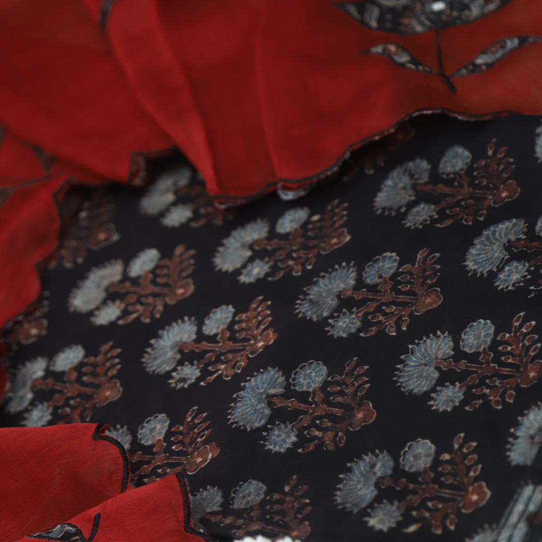 Mohataaz Raven Black Ajrak Printed Maheshwari Top With Dupatta Set D2