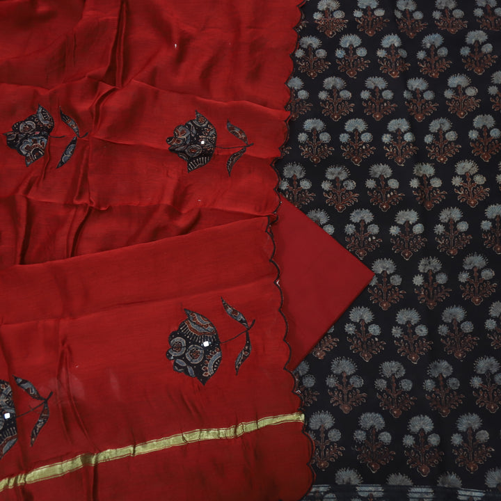 Mohataaz Raven Black Ajrak Printed Maheshwari Top With Dupatta Set D2
