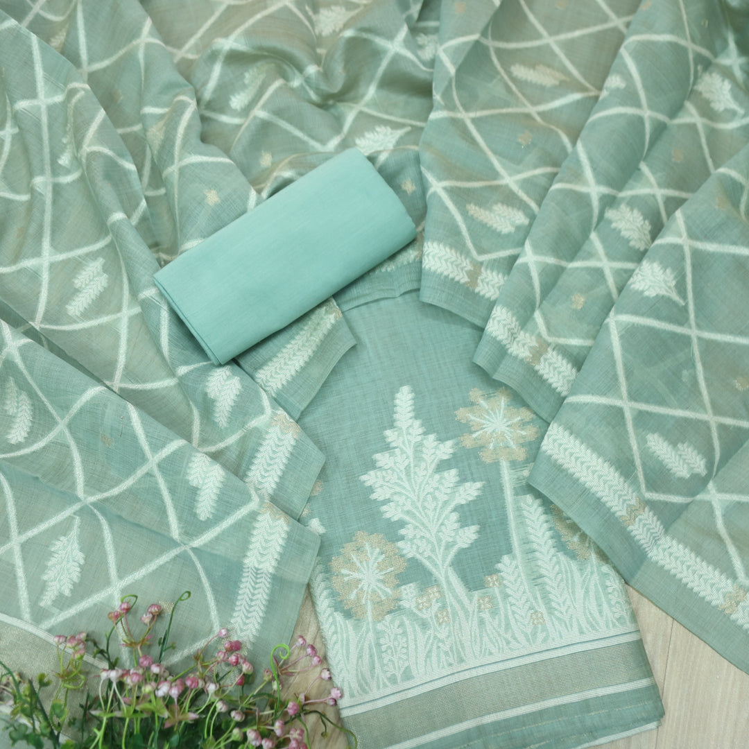 Naari Sky Blue with Zari and Weaved Jamdani Suit Set