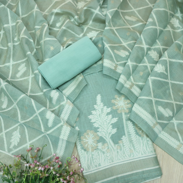Naari Sky Blue with Zari and Weaved Jamdani Suit Set
