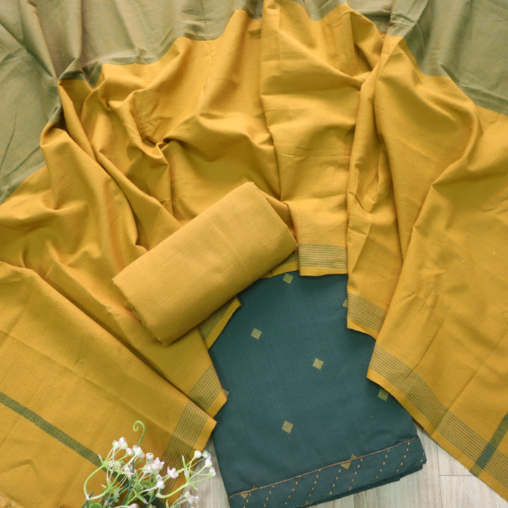 Madhubala Sac. Green with Yellow All Over Thread Weaved Handloom Cotton Suit Set
