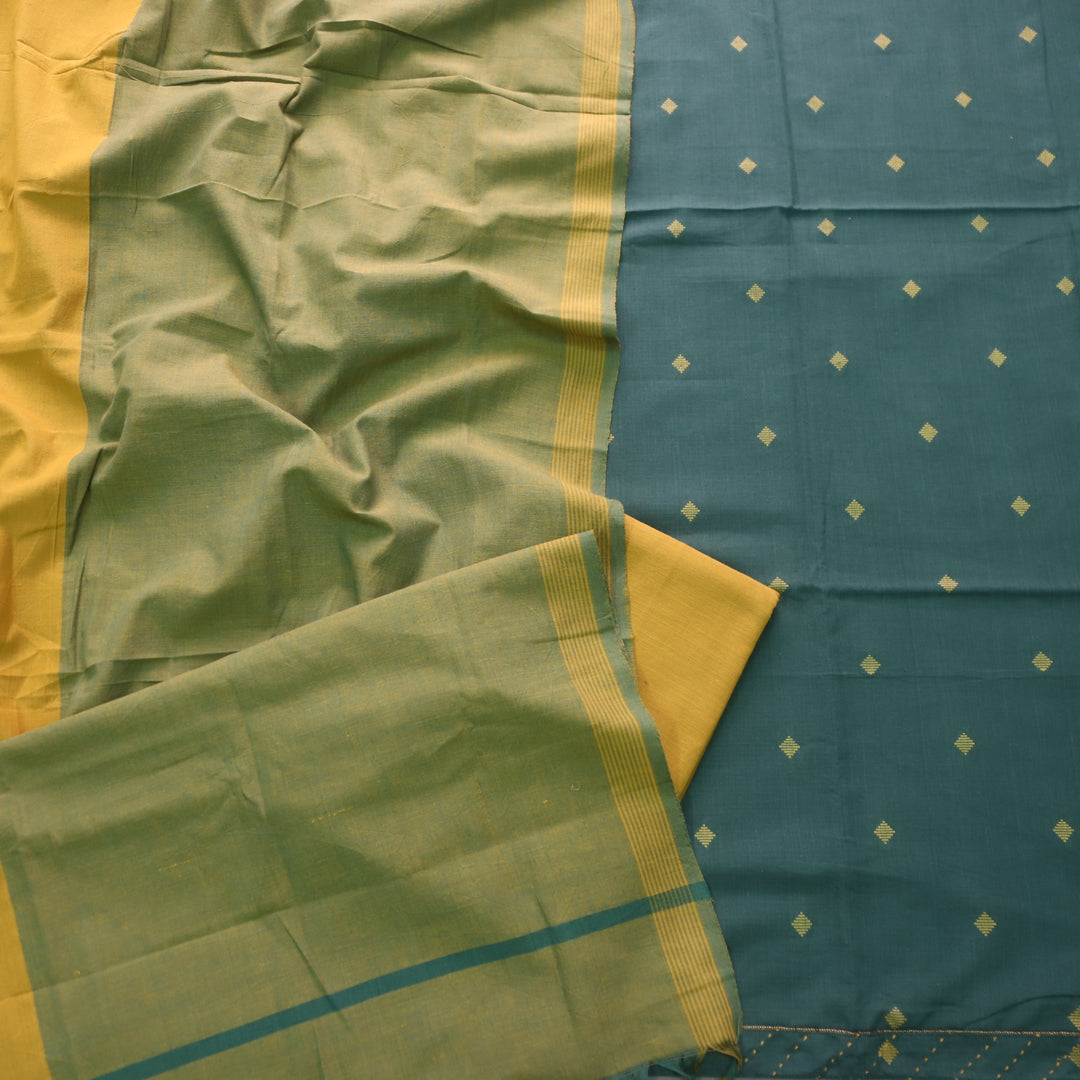 Madhubala Sac. Green with Yellow All Over Thread Weaved Handloom Cotton Suit Set