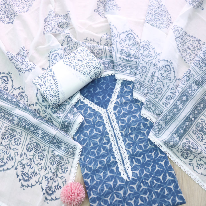 Darshanavi Cerulean Blue V Neck Lace Work Dabu Printed Suit Set