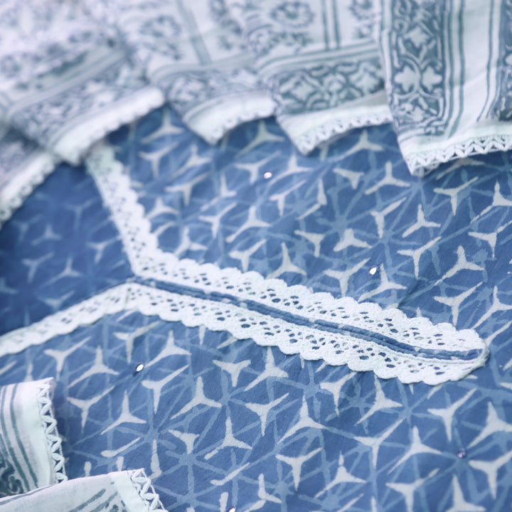 Darshanavi Cerulean Blue V Neck Lace Work Dabu Printed Suit Set
