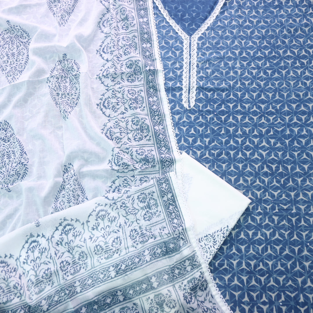 Darshanavi Cerulean Blue V Neck Lace Work Dabu Printed Suit Set