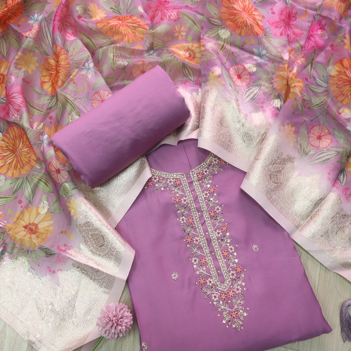 Ishaani Helio Purple Embellished Neck with Moti Work Modal Suit Set