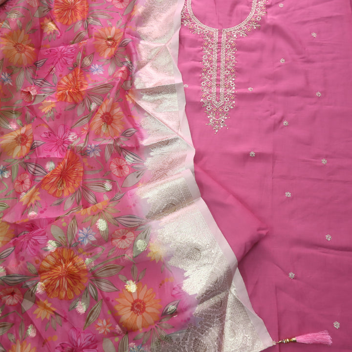 Ishaani Flamingo Pink Embellished Neck with Moti Work Modal Suit Set