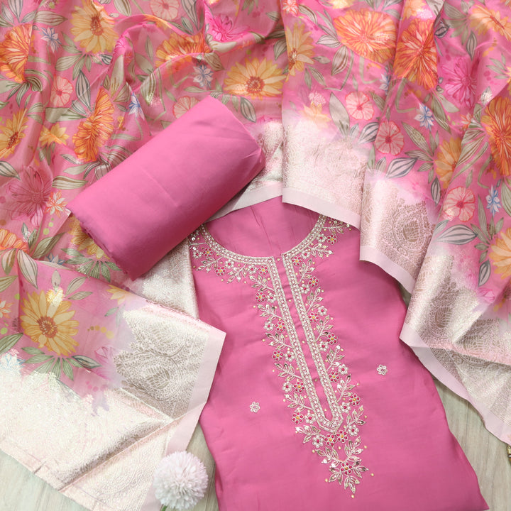 Ishaani Flamingo Pink Embellished Neck with Moti Work Modal Suit Set