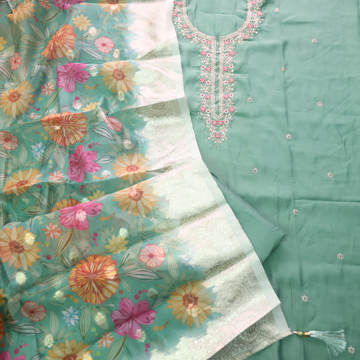 Ishaani Sage Cyan Green Embellished Neck with Moti Work Modal Suit Set
