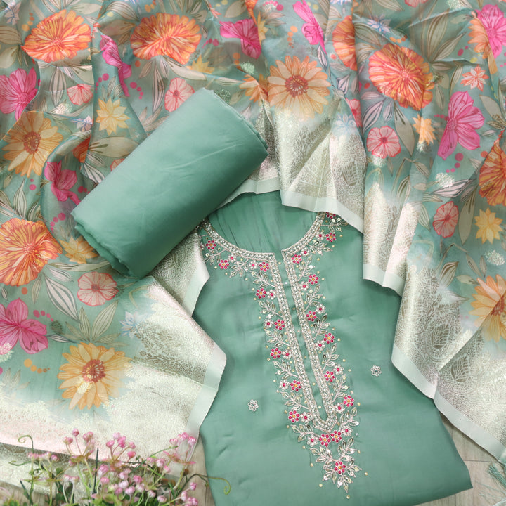 Ishaani Sage Cyan Green Embellished Neck with Moti Work Modal Suit Set