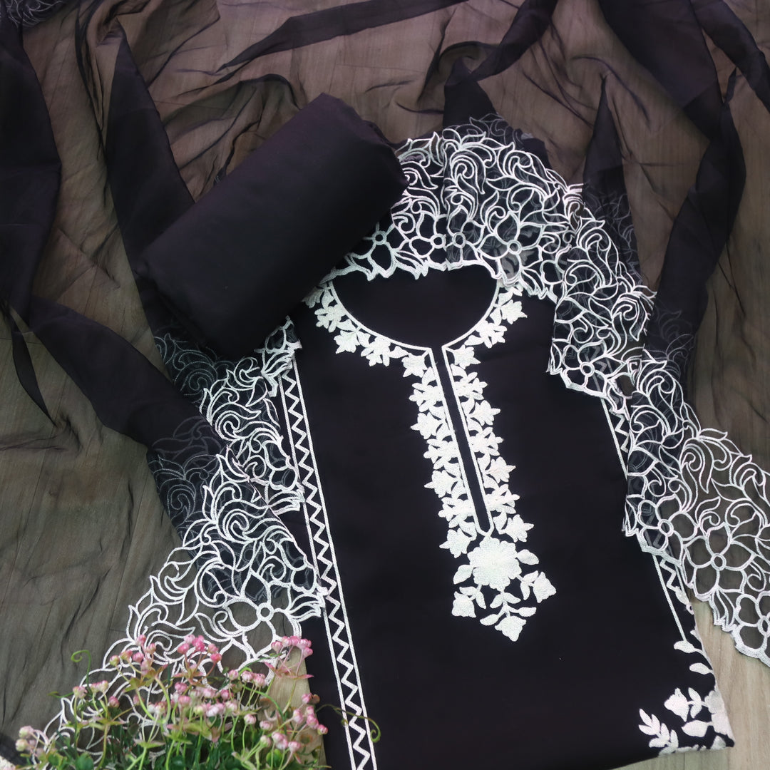 Rivva Raven Black Aari Embriodered Neck Work Modal Suit Set